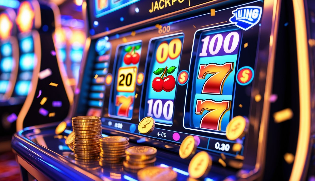 Mesin slot digital berwarna cerah dengan simbol klasik dan bola bingo berputar di latar kasino yang hidup dengan koin emas dan lampu jackpot.