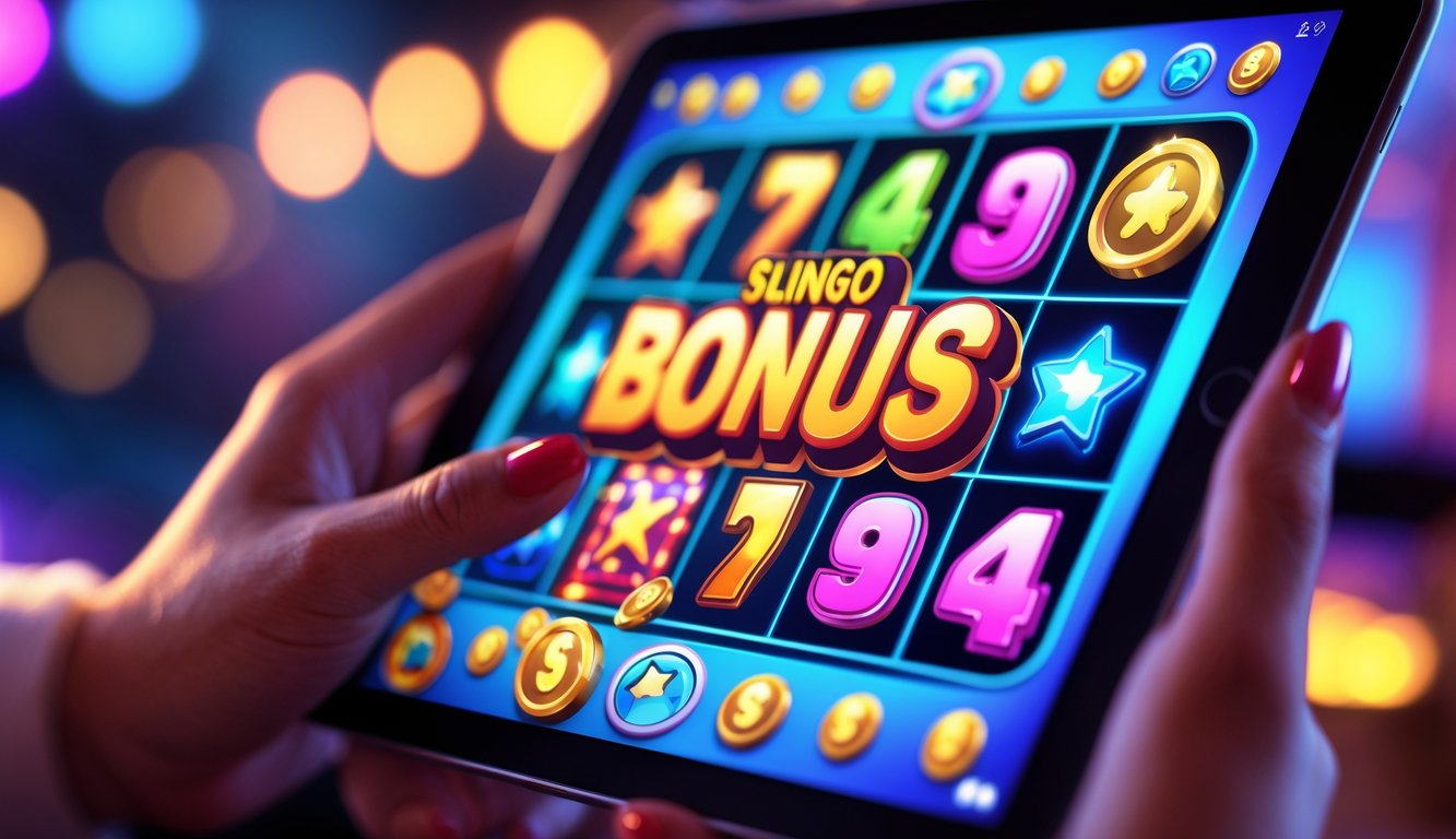 Seseorang memegang tablet yang menampilkan permainan digital dengan simbol warna-warni yang menunjukkan bonus dalam permainan.