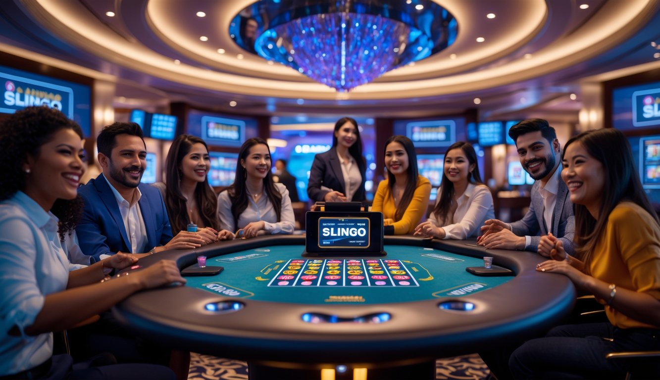 Suasana kasino langsung dengan pemain yang sedang bermain permainan Slingo di meja kasino modern.