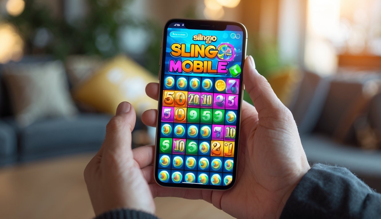 Seseorang memegang ponsel yang menampilkan permainan mobile dengan elemen bingo dan mesin slot berwarna-warni.