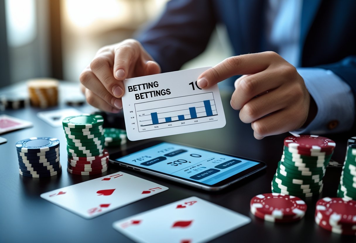 Close-up of hands holding betting slips and a smartphone displaying betting odds with poker chips and playing cards on a table.