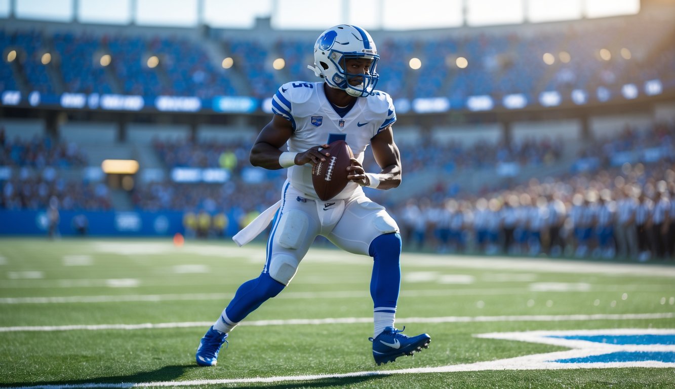 Seorang pemain sepak bola Amerika bernama Judi sedang beraksi di lapangan dengan seragam biru dan putih, memegang bola dan siap melempar atau berlari.