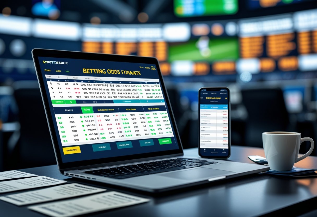 A close-up of a desk with a laptop showing different betting odds formats, betting slips, a smartphone, and a cup of coffee in a sportsbook environment.