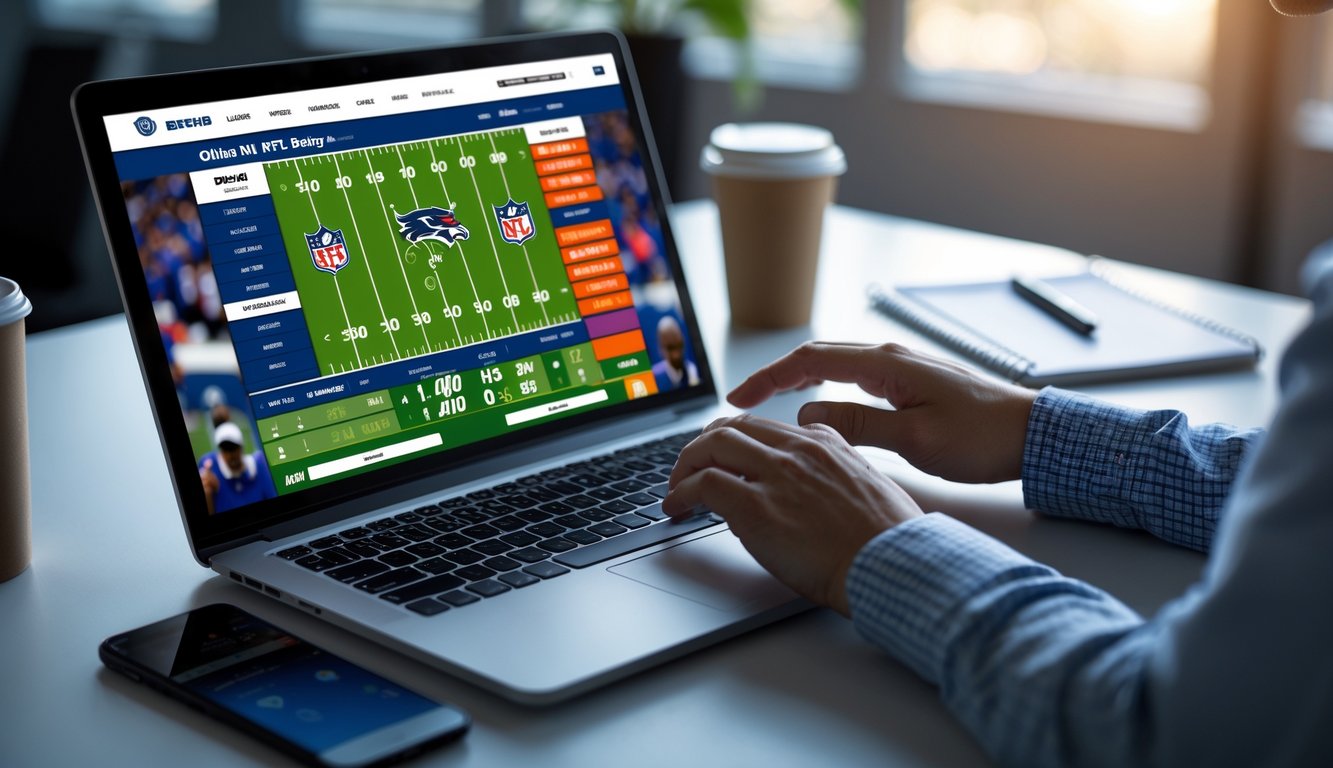 Seseorang menggunakan laptop di meja kerja dengan tampilan taruhan NFL online di layar.