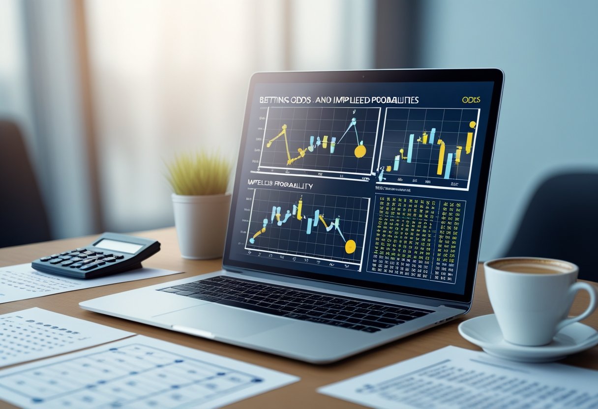 A workspace with a laptop showing charts, printed data sheets, a calculator, and a coffee cup on a desk.