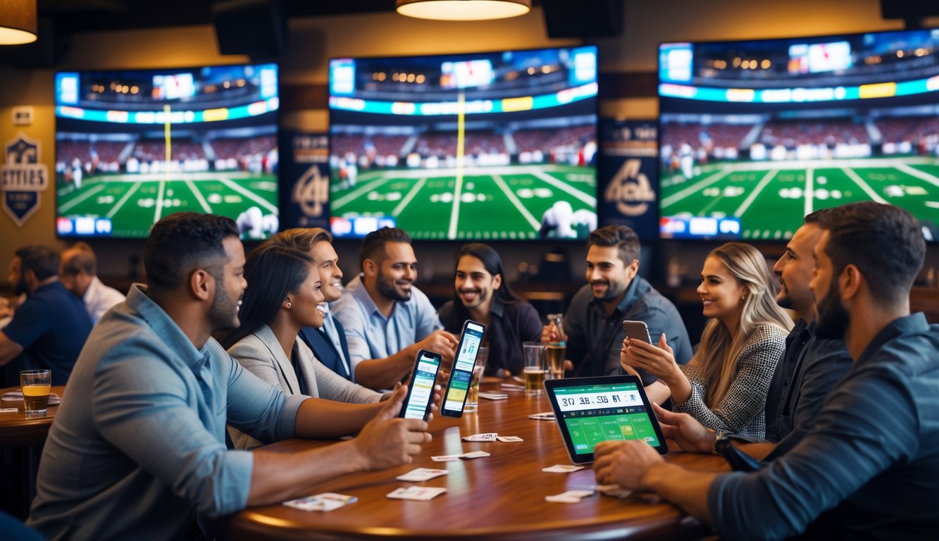 Sekelompok orang menonton pertandingan bola Amerika di bar dengan layar besar sambil menggunakan perangkat untuk bertaruh.