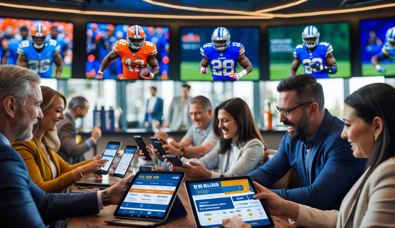 Sekelompok orang sedang memasang taruhan NFL menggunakan perangkat digital di sebuah bar olahraga dengan beberapa layar menampilkan pertandingan sepak bola Amerika.