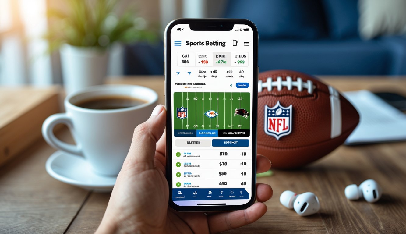 Sebuah ponsel menampilkan aplikasi taruhan olahraga NFL di atas meja kayu dengan bola sepak Amerika, earbud nirkabel, dan secangkir kopi di sekitarnya.