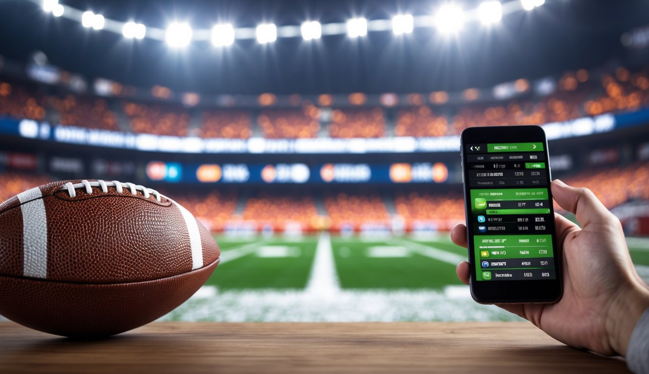 Layar taruhan olahraga dengan angka peluang dan bola sepak Amerika di atas meja, latar belakang stadion dengan penonton.