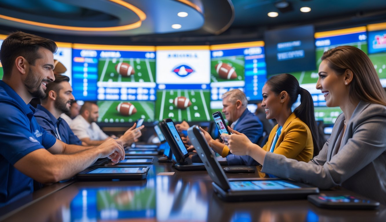 Orang-orang sedang bertaruh langsung pada pertandingan sepak bola Amerika di sebuah ruang taruhan modern dengan layar besar yang menampilkan pertandingan dan informasi taruhan.