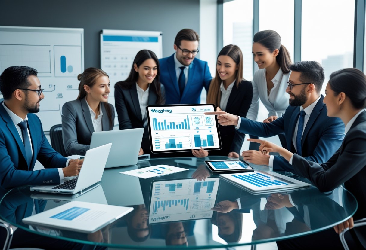 A group of professionals in an office discussing charts and data related to wagering requirements around a glass table.