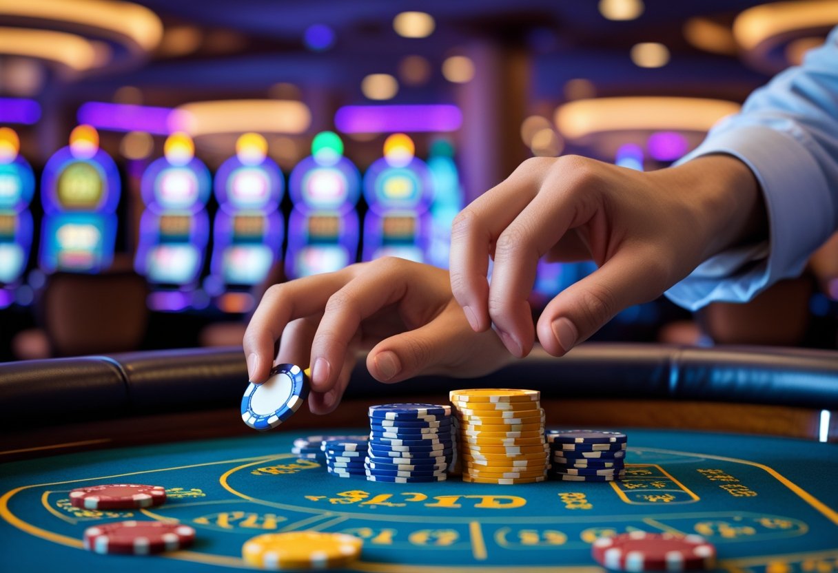 Close-up of hands placing casino chips on a roulette table inside a casino.