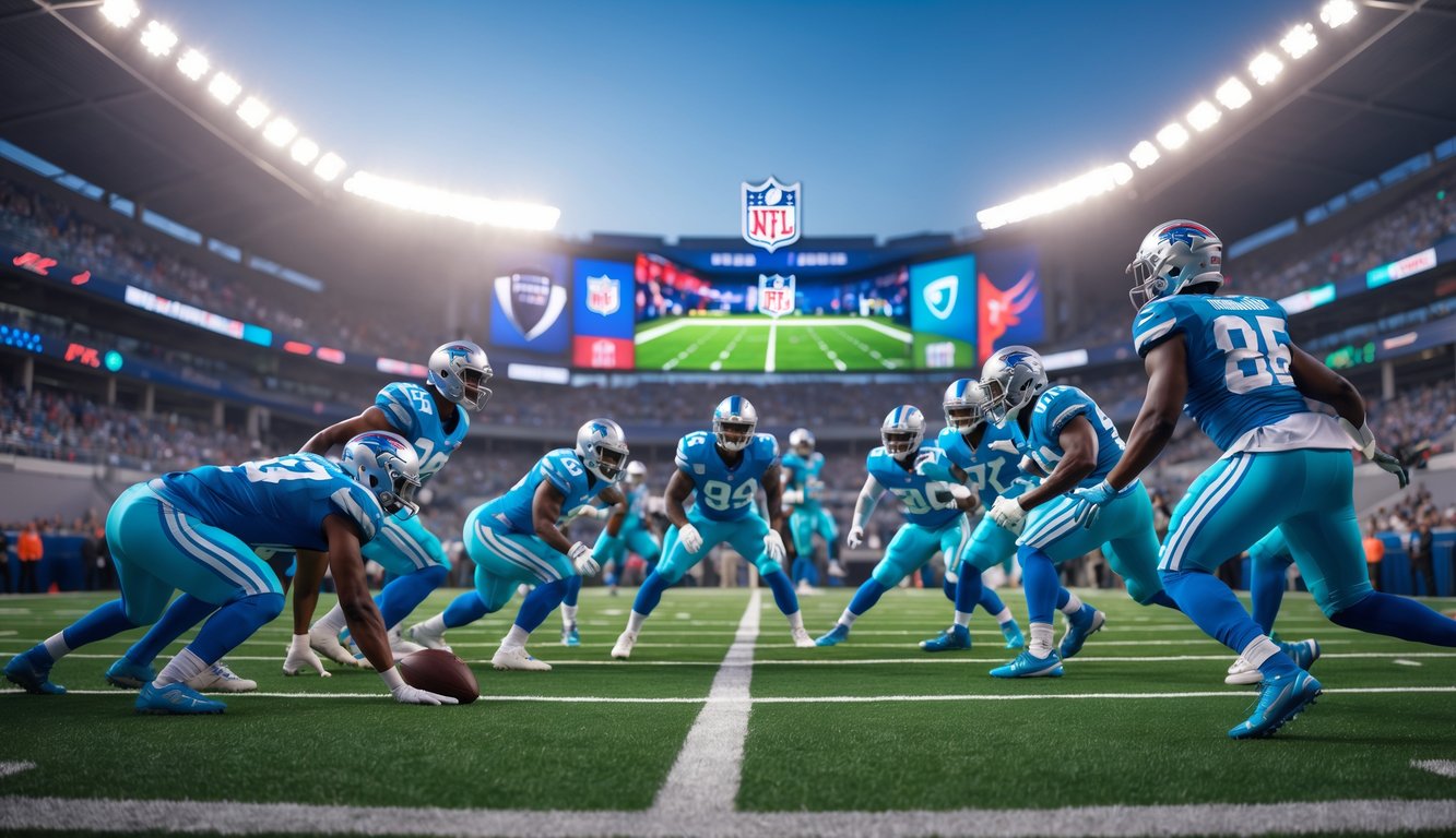 Para pemain sepak bola Amerika sedang bermain di stadion penuh penonton dengan lampu stadion menyala pada sore hari.