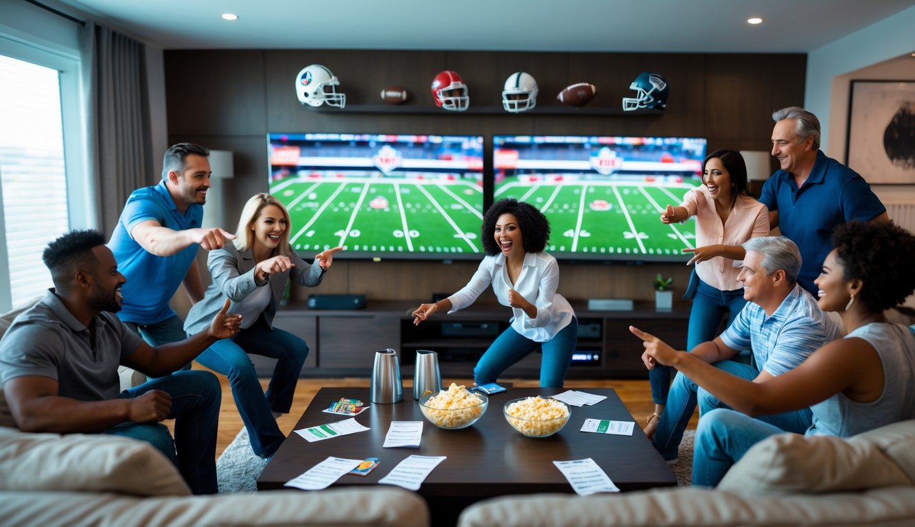 Sekelompok orang dewasa berkumpul di ruang tamu menonton pertandingan sepak bola Amerika dan berdiskusi tentang taruhan Super Bowl.