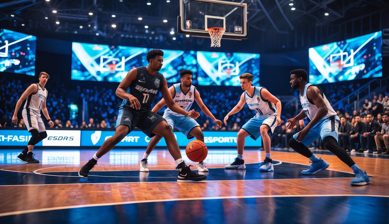 Pertandingan basket esports di lapangan dalam ruangan dengan pemain yang sedang bermain dan penonton di tribun.