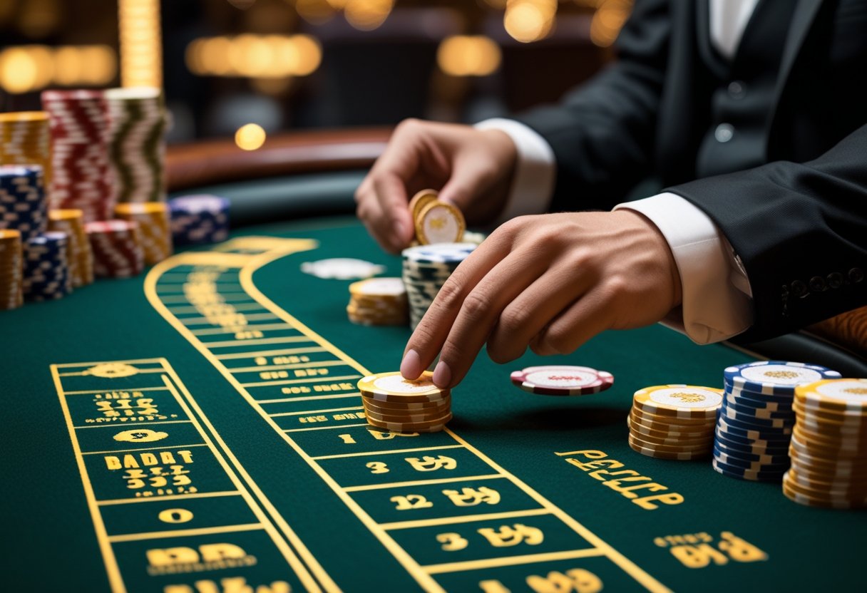 Casino table with chips and a dealer placing bets on Baccarat side bet areas.