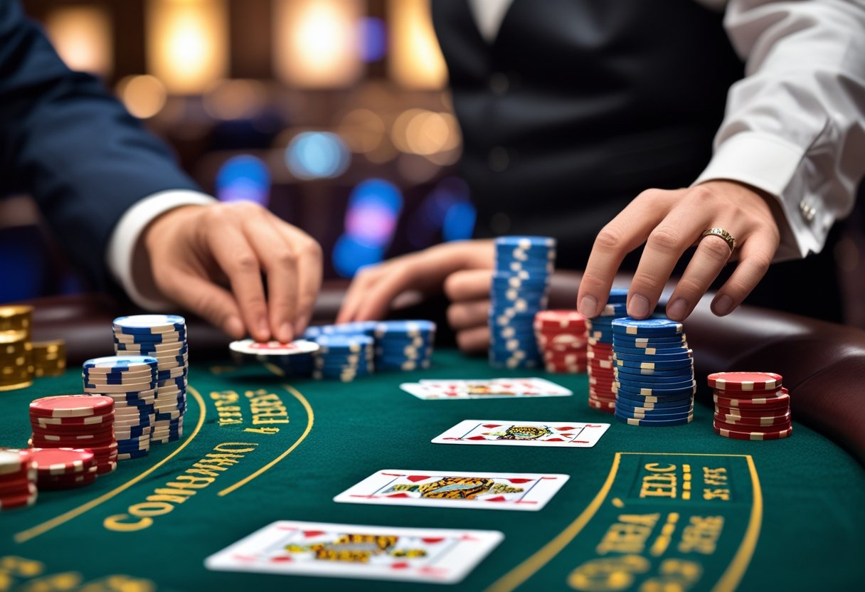 Close-up of hands placing chips on a baccarat table with cards and chips visible, set in a casino environment.