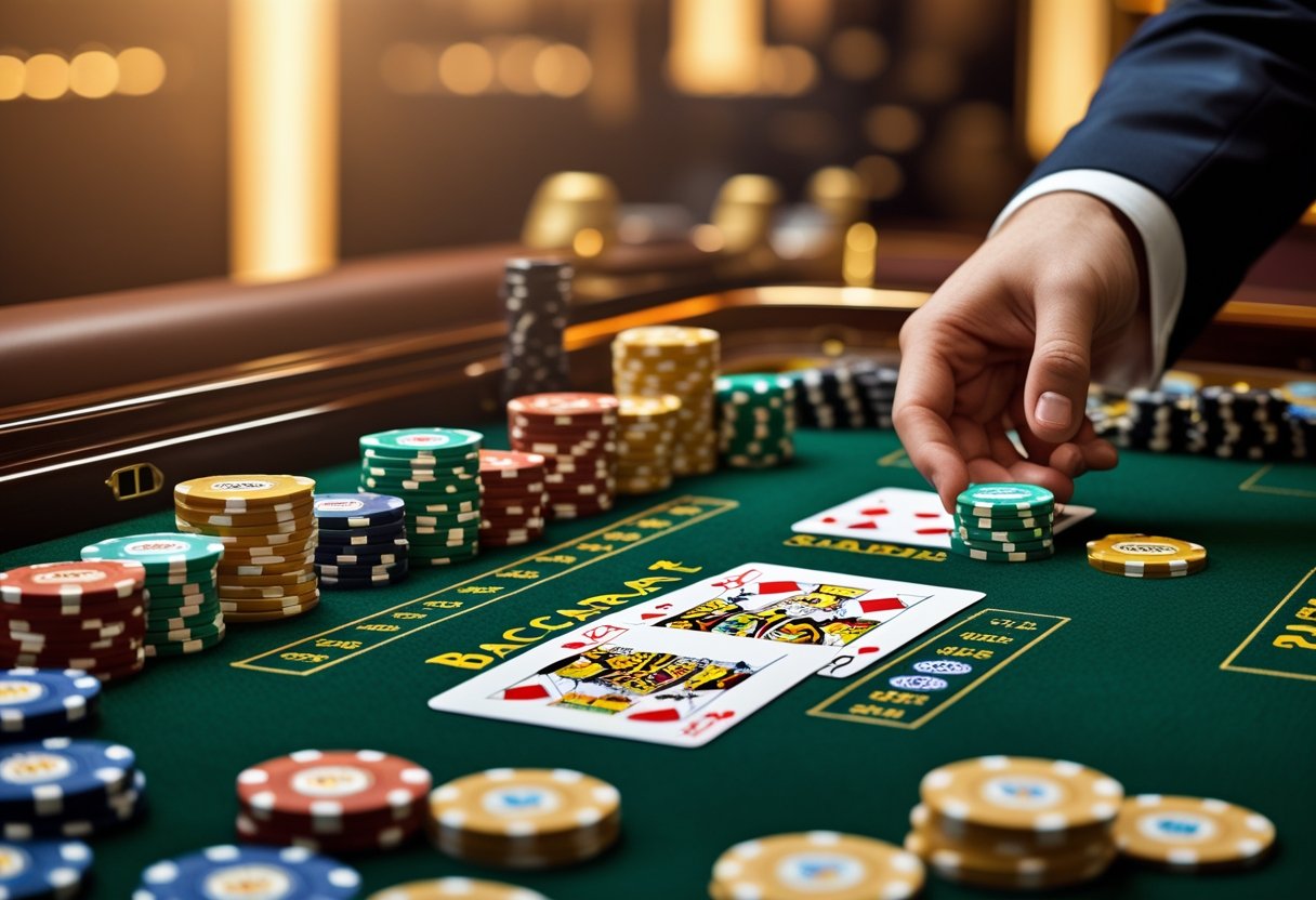 A baccarat table with chips and playing cards arranged for side bets, with a dealer's hand placing chips in a casino setting.