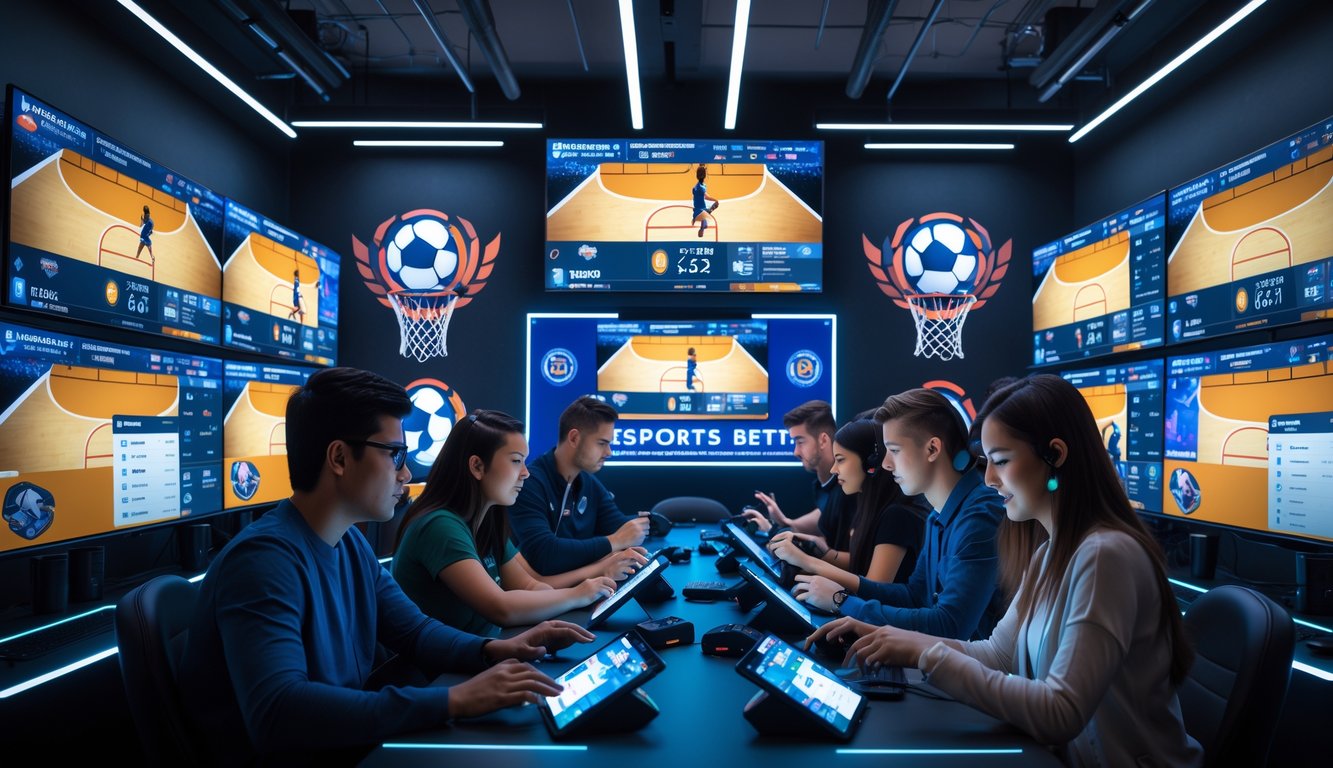 Sekelompok orang muda sedang menggunakan perangkat digital untuk bertaruh pada pertandingan esports bola basket di sebuah ruangan modern.
