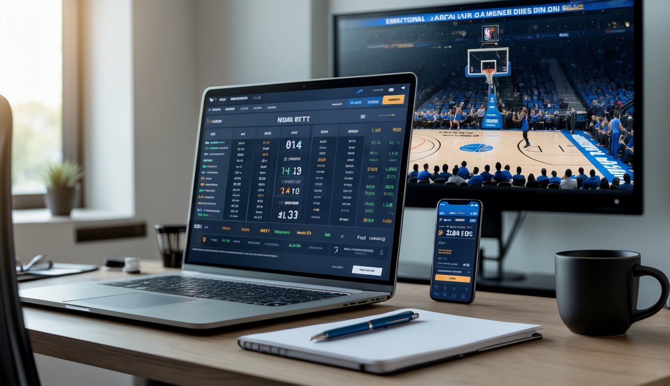 Seorang pria duduk di depan laptop dan ponsel dengan tampilan aplikasi taruhan NBA online, di latar belakang televisi menampilkan pertandingan NBA langsung.