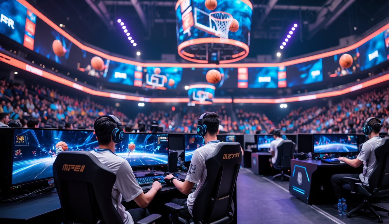 Pertandingan esports basket langsung dengan pemain yang fokus di depan komputer dan penonton di latar belakang.