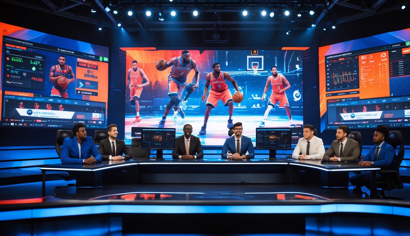Sejumlah analis esports sedang membahas prediksi pertandingan NBA esports dalam studio dengan layar besar menampilkan pemain basket virtual.