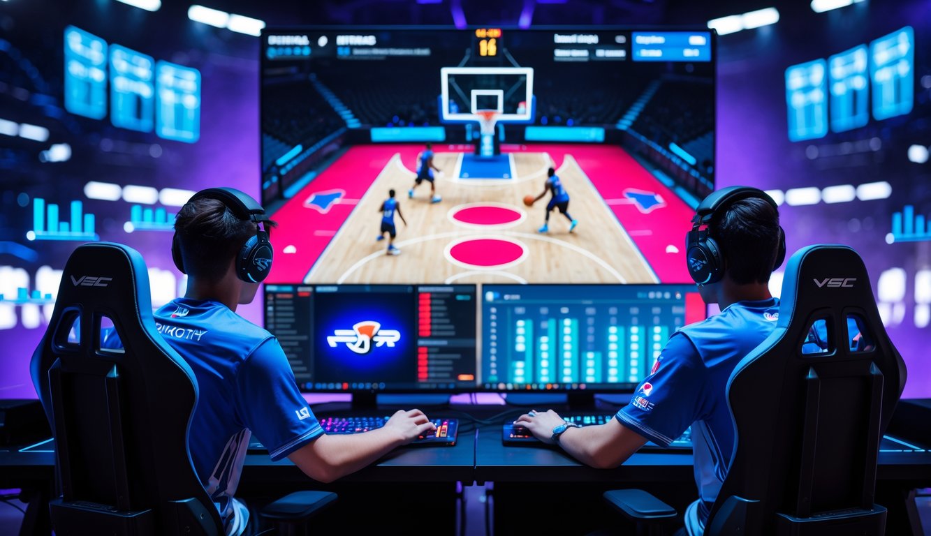 Dua pemain esports sedang bermain permainan bola basket di depan layar besar dengan grafik digital dan suasana kompetitif.