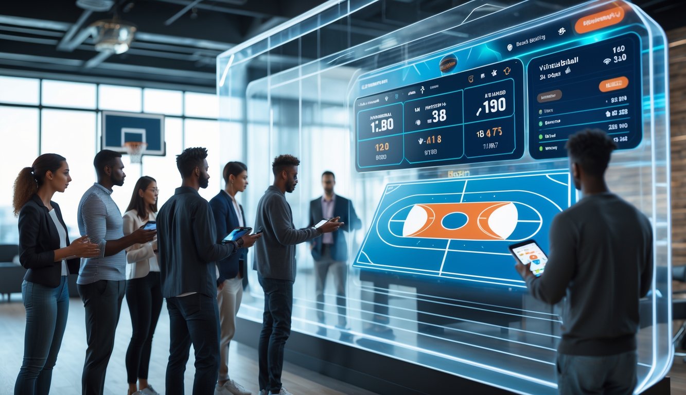 Sekelompok orang muda sedang menggunakan perangkat digital untuk memasang taruhan bola basket virtual di sebuah ruangan modern.