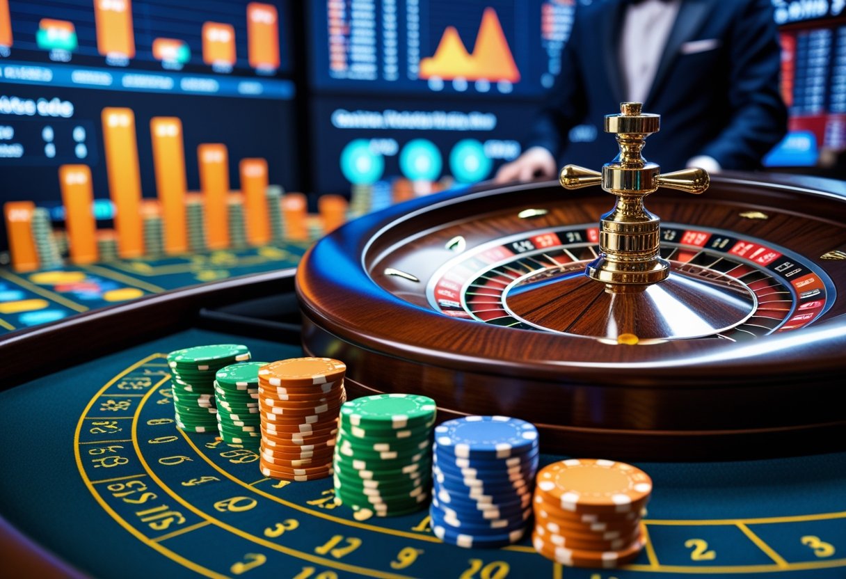 Close-up of a roulette wheel with chips stacked nearby and a dealer in the background, alongside a screen showing charts related to casino odds.