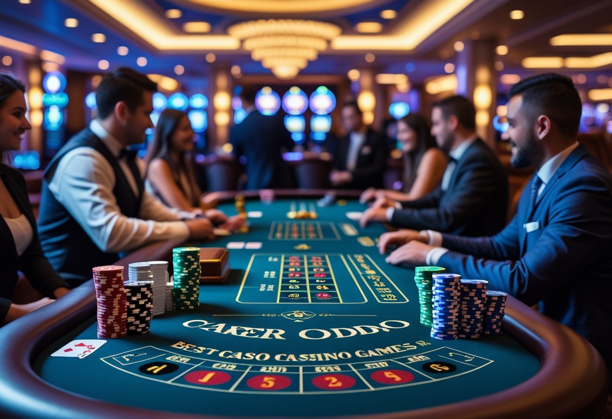 A casino table with poker chips, playing cards, a roulette wheel, and dice, surrounded by players and a dealer in a luxurious casino setting.