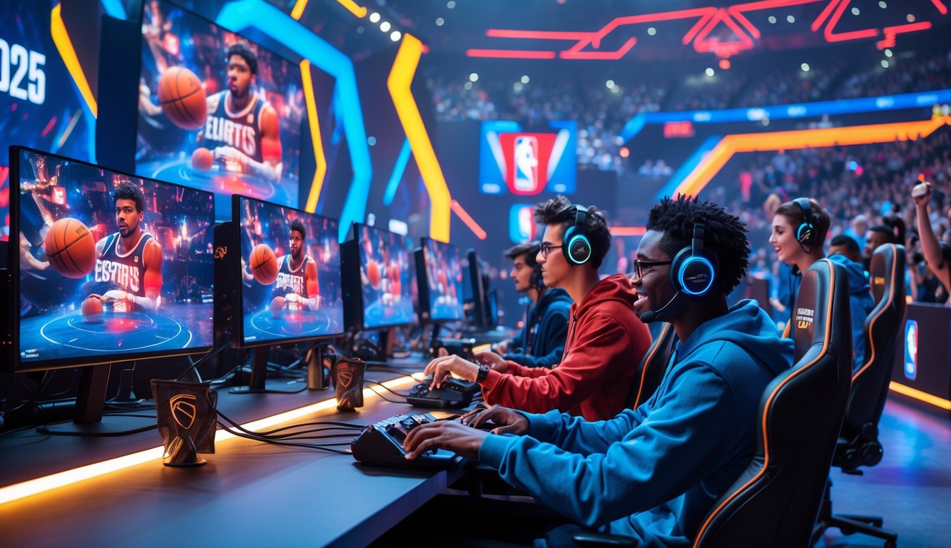 Suasana kompetisi esports dengan pemain muda yang fokus bermain game basket di arena modern dengan penonton yang antusias.