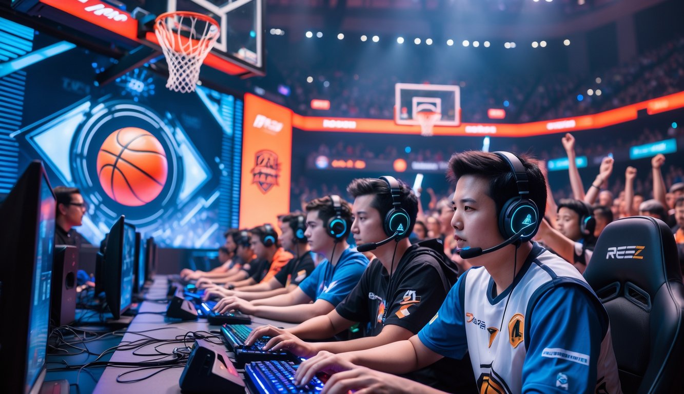 Suasana turnamen esports basket dengan pemain muda yang fokus bermain di arena dalam ruangan dan penonton yang antusias.