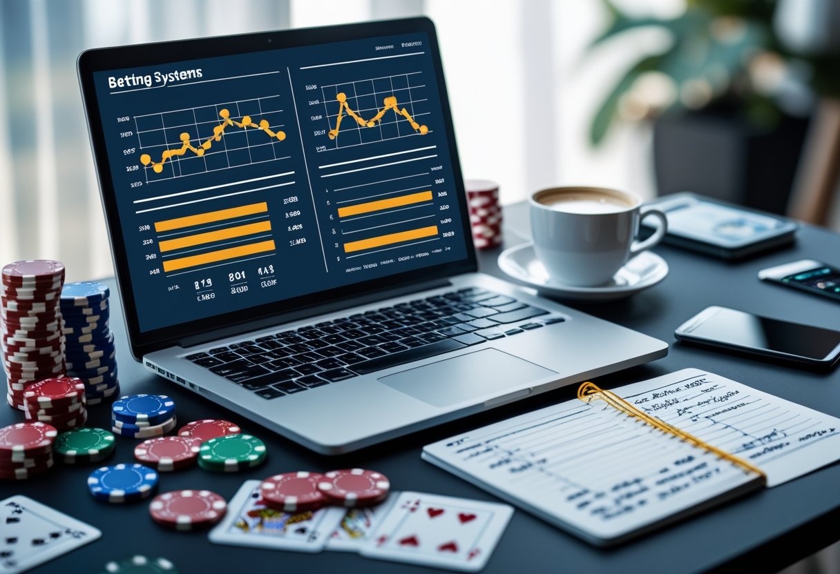 A desk with a laptop showing betting charts, poker chips, playing cards, a notebook with notes, and a smartphone displaying a betting app.