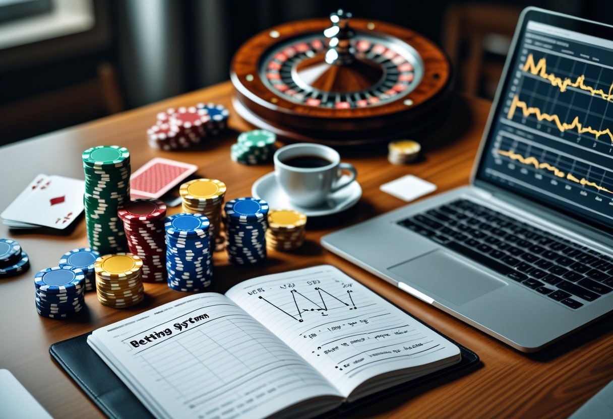 A table with poker chips, playing cards, a roulette wheel, a notebook with notes, and a laptop showing graphs related to betting systems.
