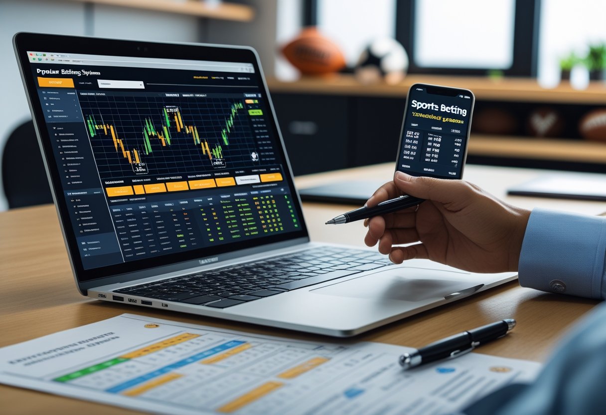 A person analyzing sports betting charts and notes at a modern desk with a laptop and smartphone, surrounded by sports equipment.