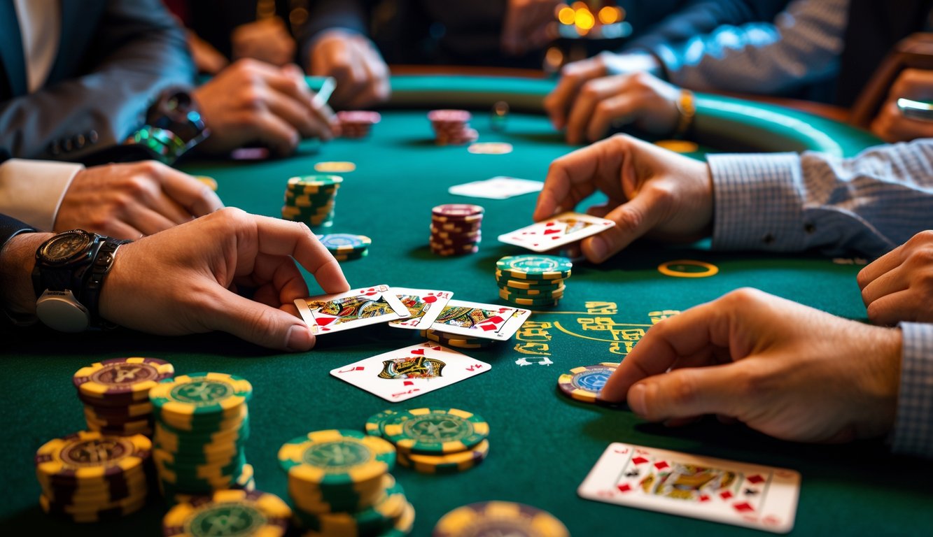 Beberapa tangan pemain sedang bermain poker di meja dengan kartu dan chip poker.