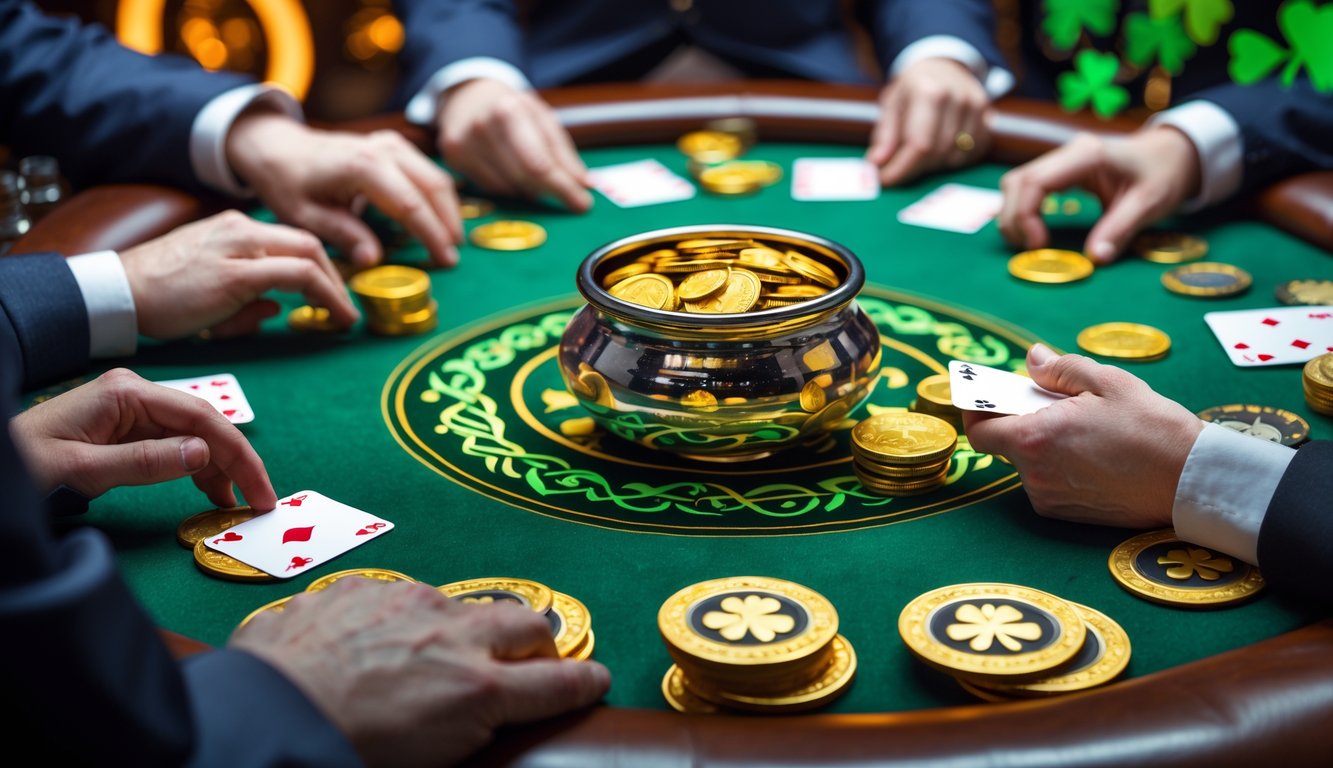 Meja poker dengan pemain yang memegang kartu dan tumpukan chip, dengan koin emas dan dekorasi bertema Irlandia di latar belakang.