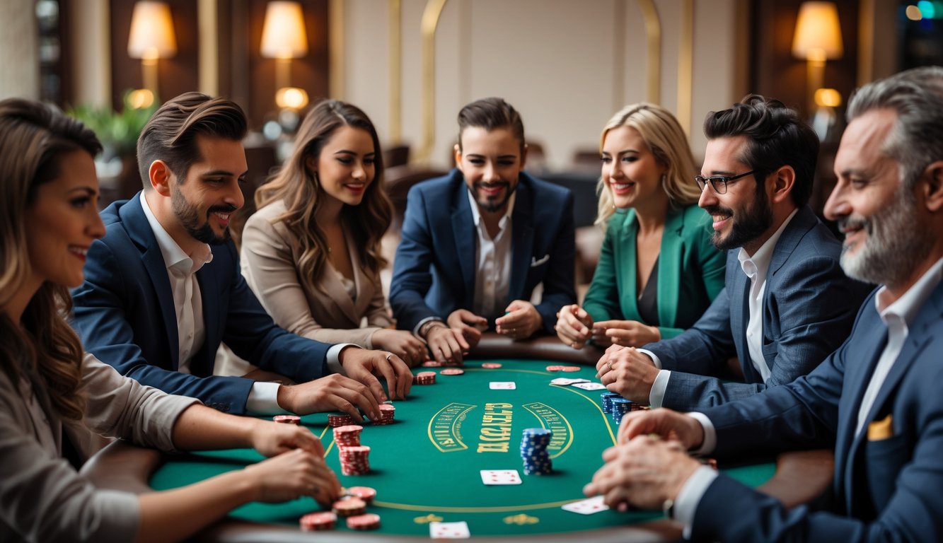 Sekelompok orang bermain poker di meja hijau dengan chip dan kartu di sebuah kasino yang terang.