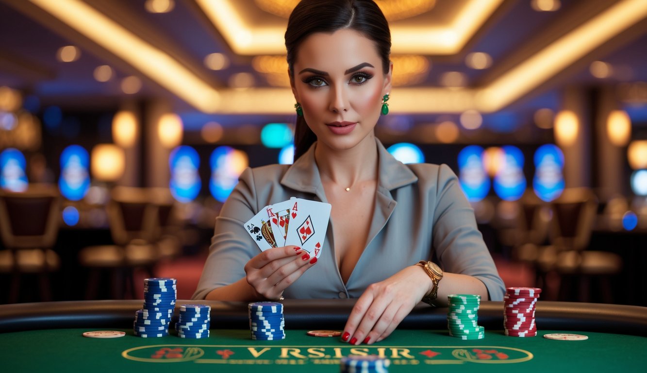 Seorang wanita sedang bermain poker Irlandia di meja kasino dengan tumpukan chip dan kartu di tangannya.