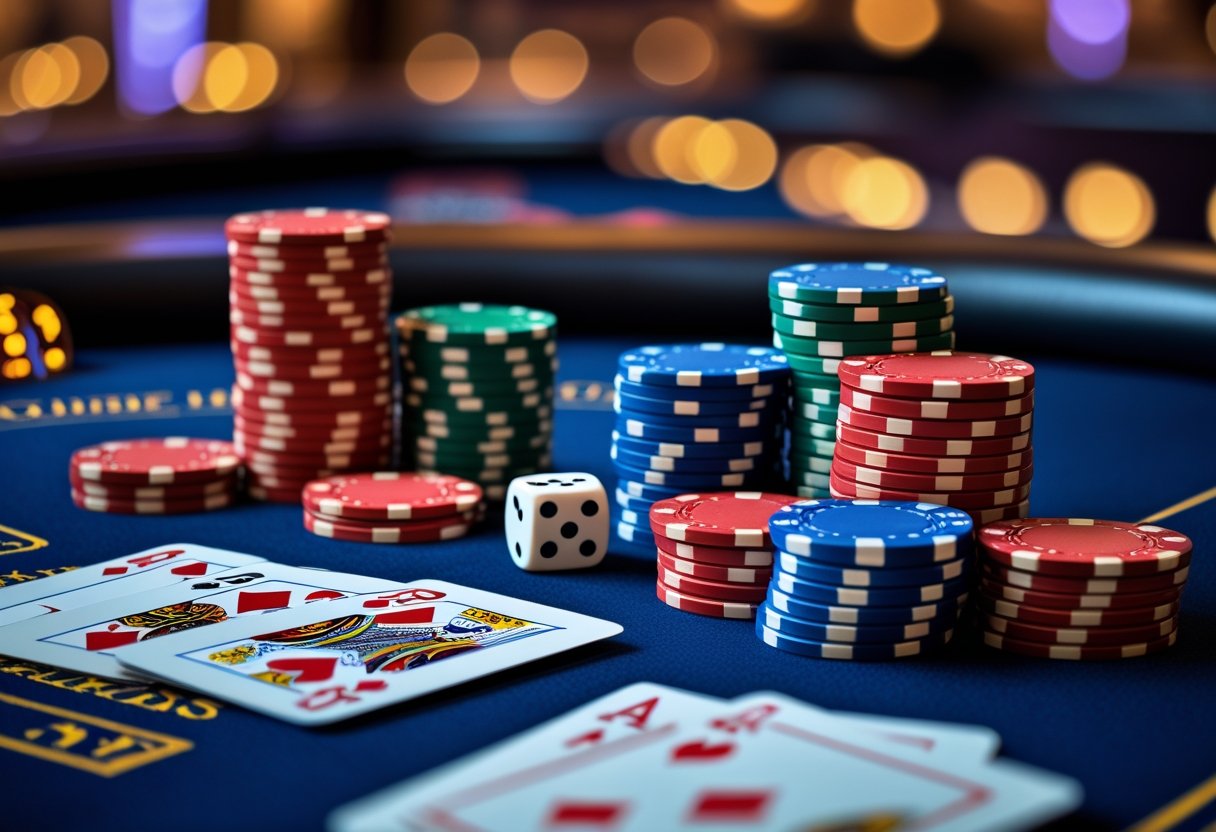 Close-up of poker chips, dice, and playing cards on a casino table with a blurred casino background.