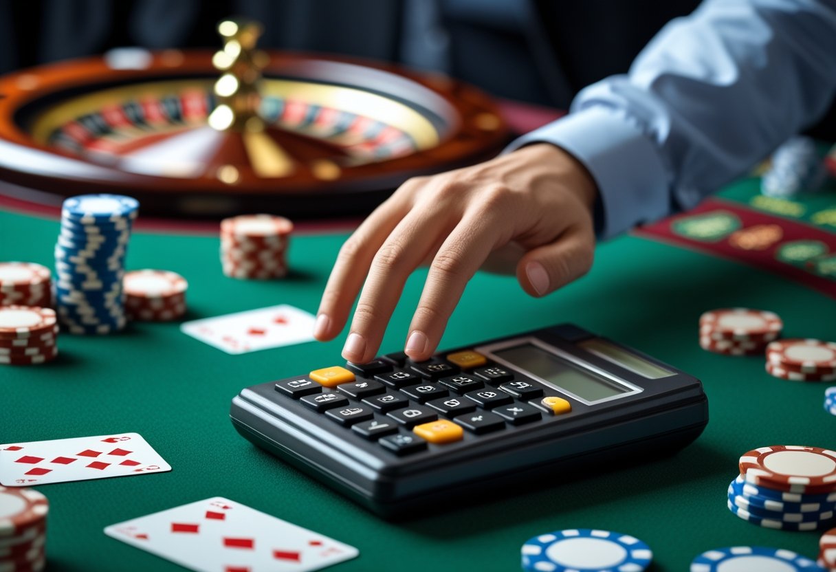 Close-up of a casino table with poker chips, playing cards, and a person using a calculator to calculate odds.
