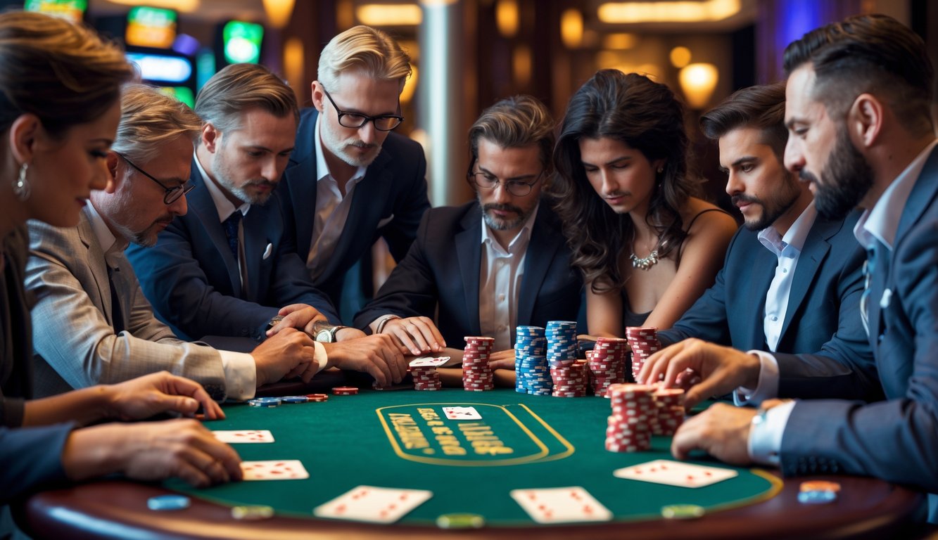 Sekelompok orang dewasa sedang bermain poker di meja kasino dengan ekspresi serius dan tumpukan chip serta kartu di atas meja.