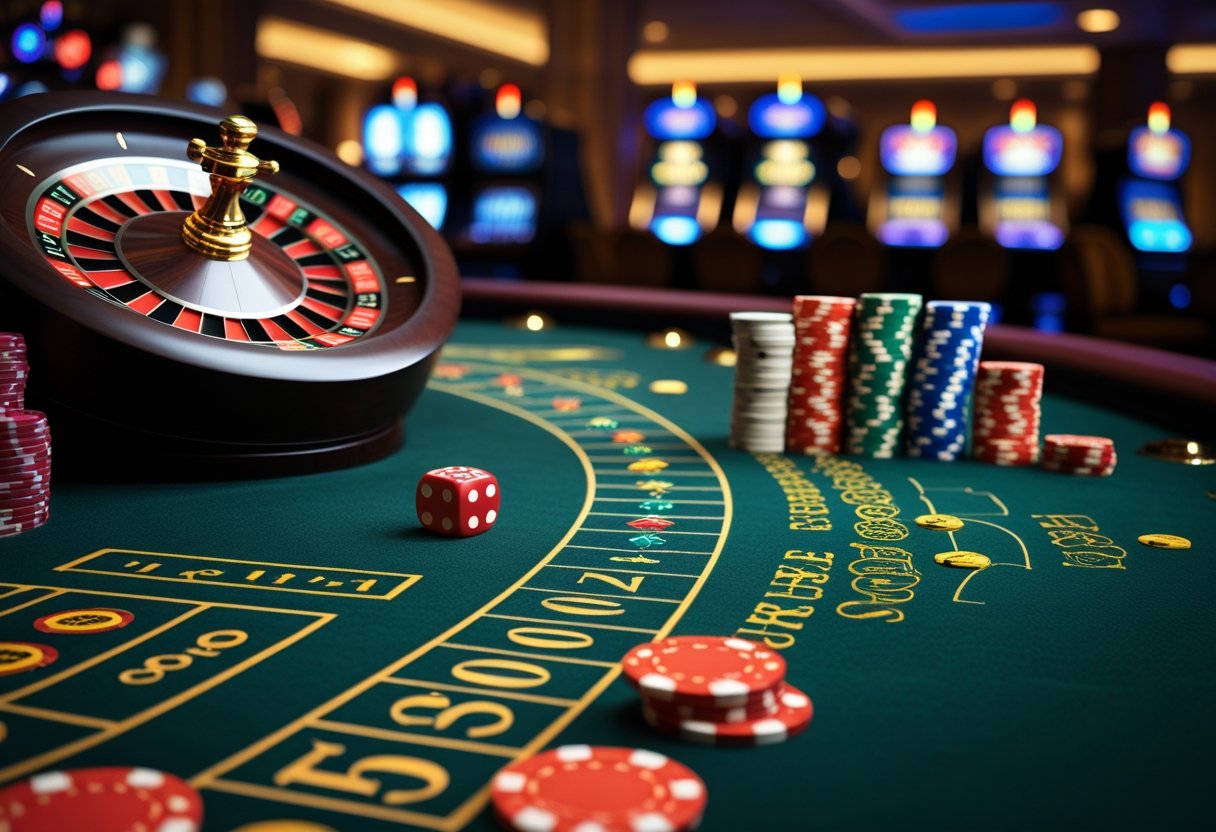 A casino gaming table showing a roulette wheel, playing cards, chips, and dice on a green felt surface with casino lighting in the background.