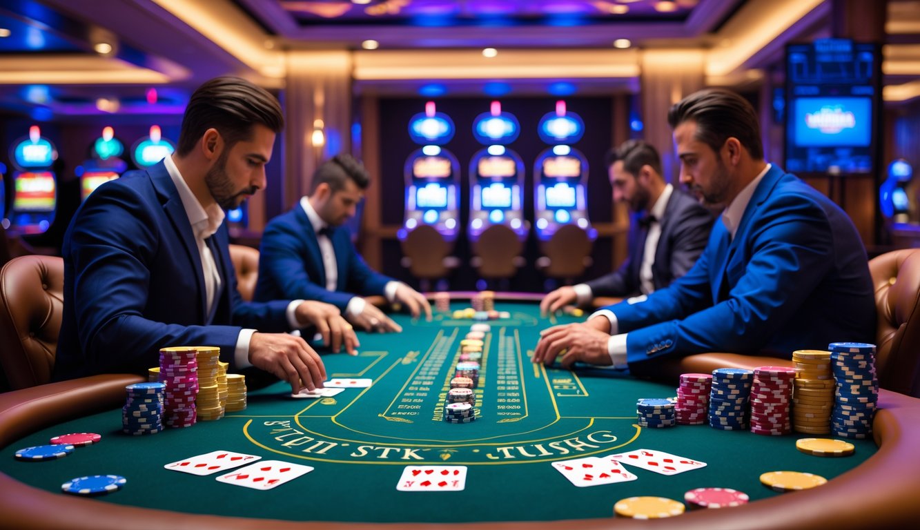 Meja poker dengan pemain yang sedang bermain di kasino mewah dengan lampu dan mesin slot di latar belakang.