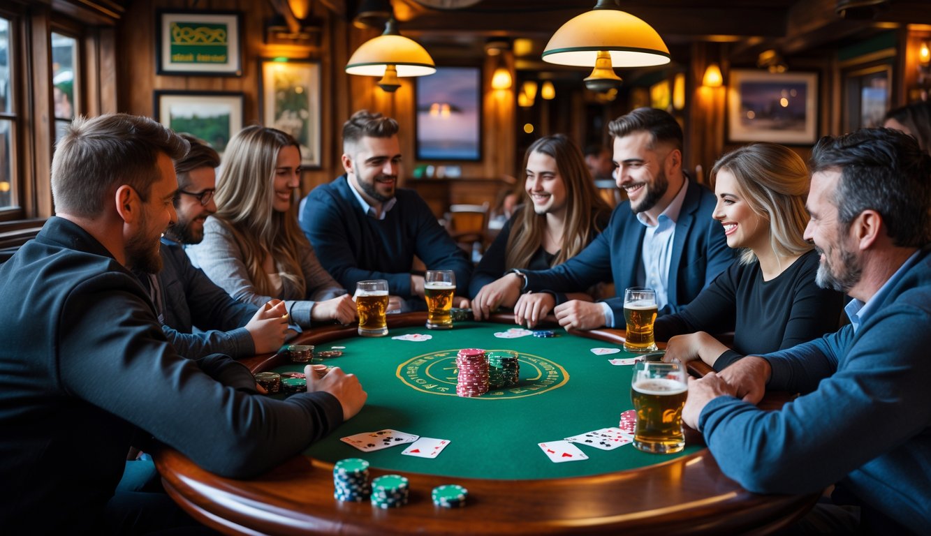 Sekelompok orang bermain poker di meja kayu di sebuah pub Irlandia dengan suasana hangat dan dekorasi tradisional.