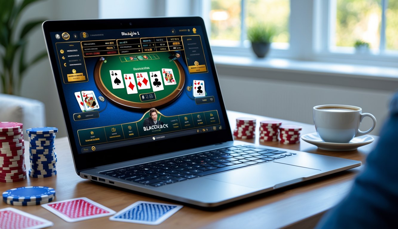 Sebuah meja dengan komputer menampilkan permainan blackjack online, dikelilingi oleh chip poker dan kartu remi.
