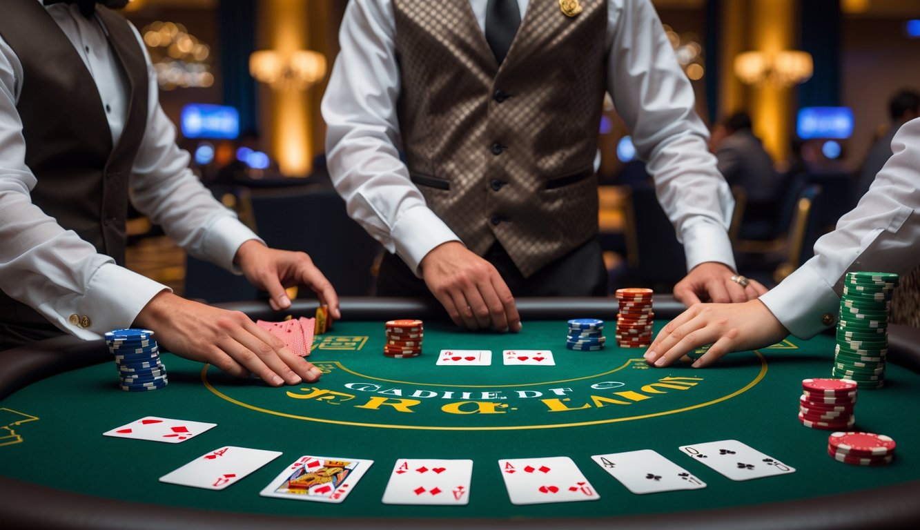 Meja blackjack kasino dengan dealer dan pemain yang sedang bermain kartu dan memasang taruhan.