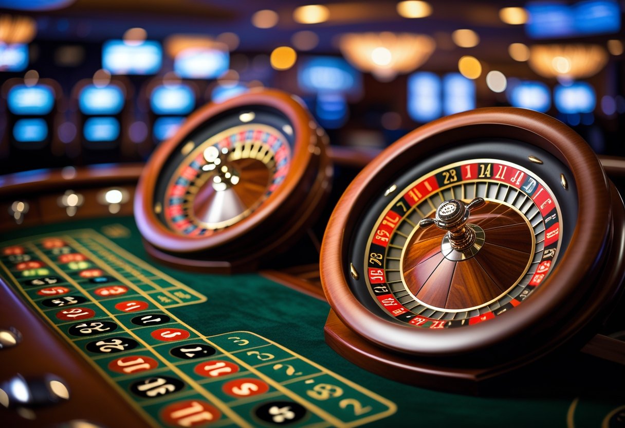 Close-up of two roulette wheels side by side on a casino table, one with a single zero and the other with single and double zero slots.