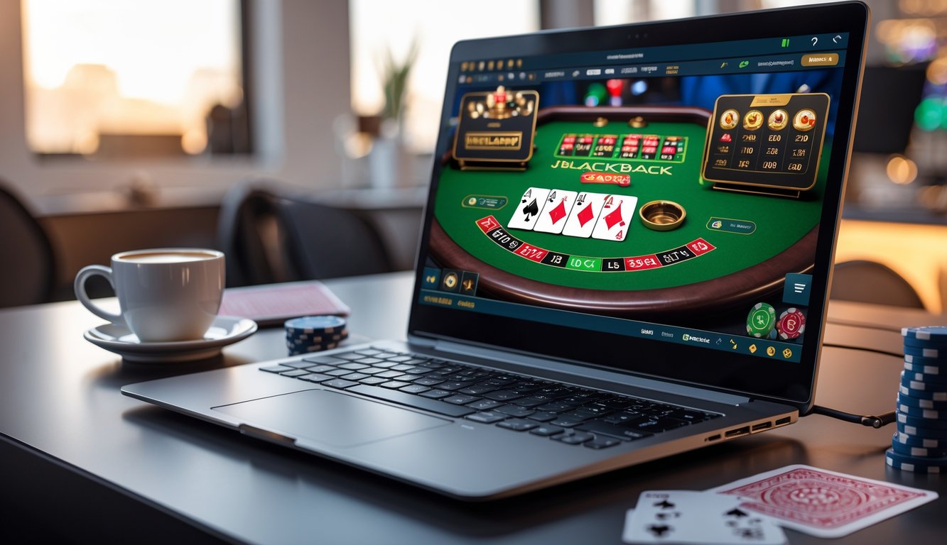 Seseorang sedang bermain blackjack online di komputer dengan kartu dan chip terlihat jelas di layar, di meja kerja yang rapi dan terang.