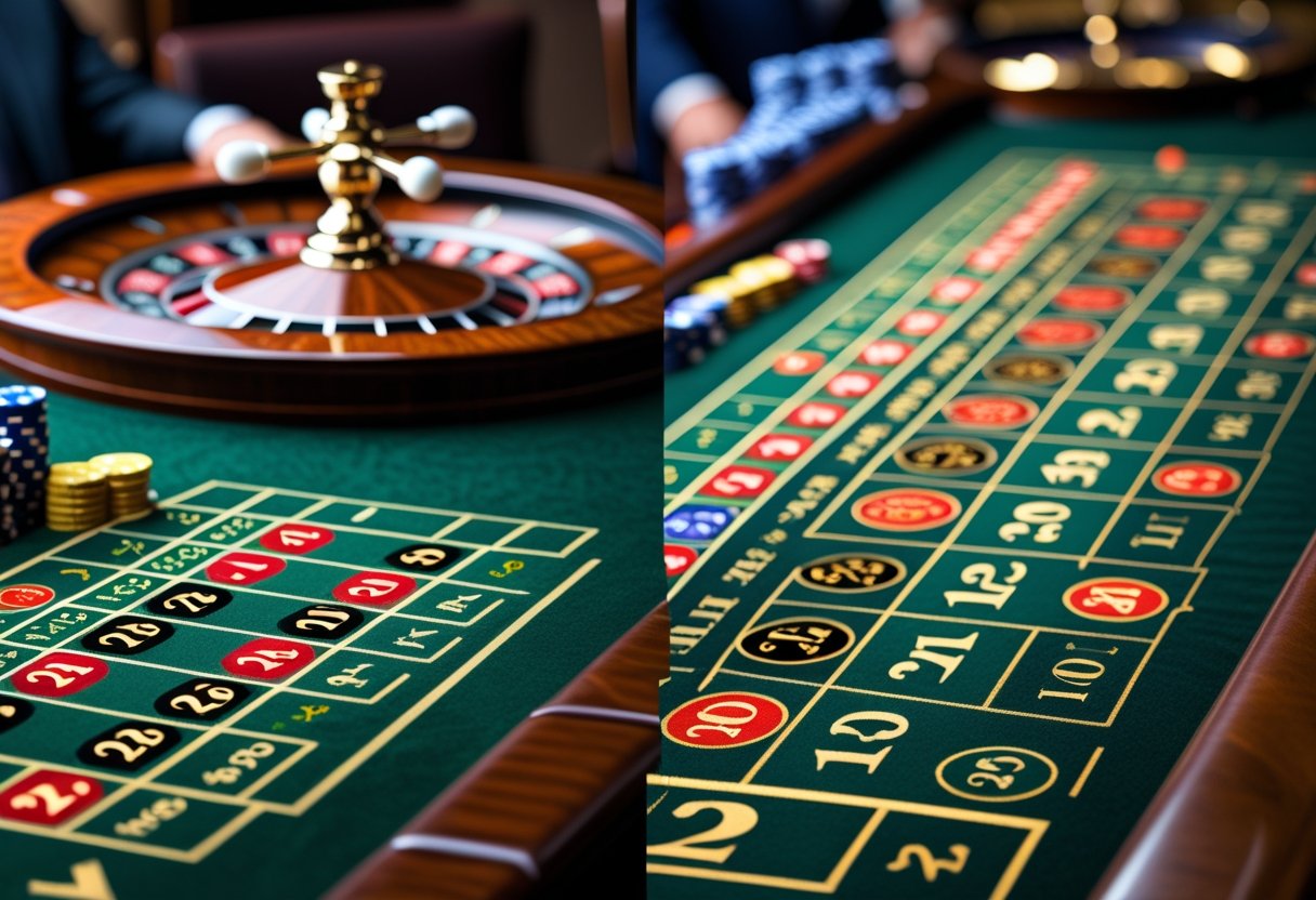 Close-up of two roulette tables side by side showing different layouts and betting areas with chips placed on the green felt surfaces.